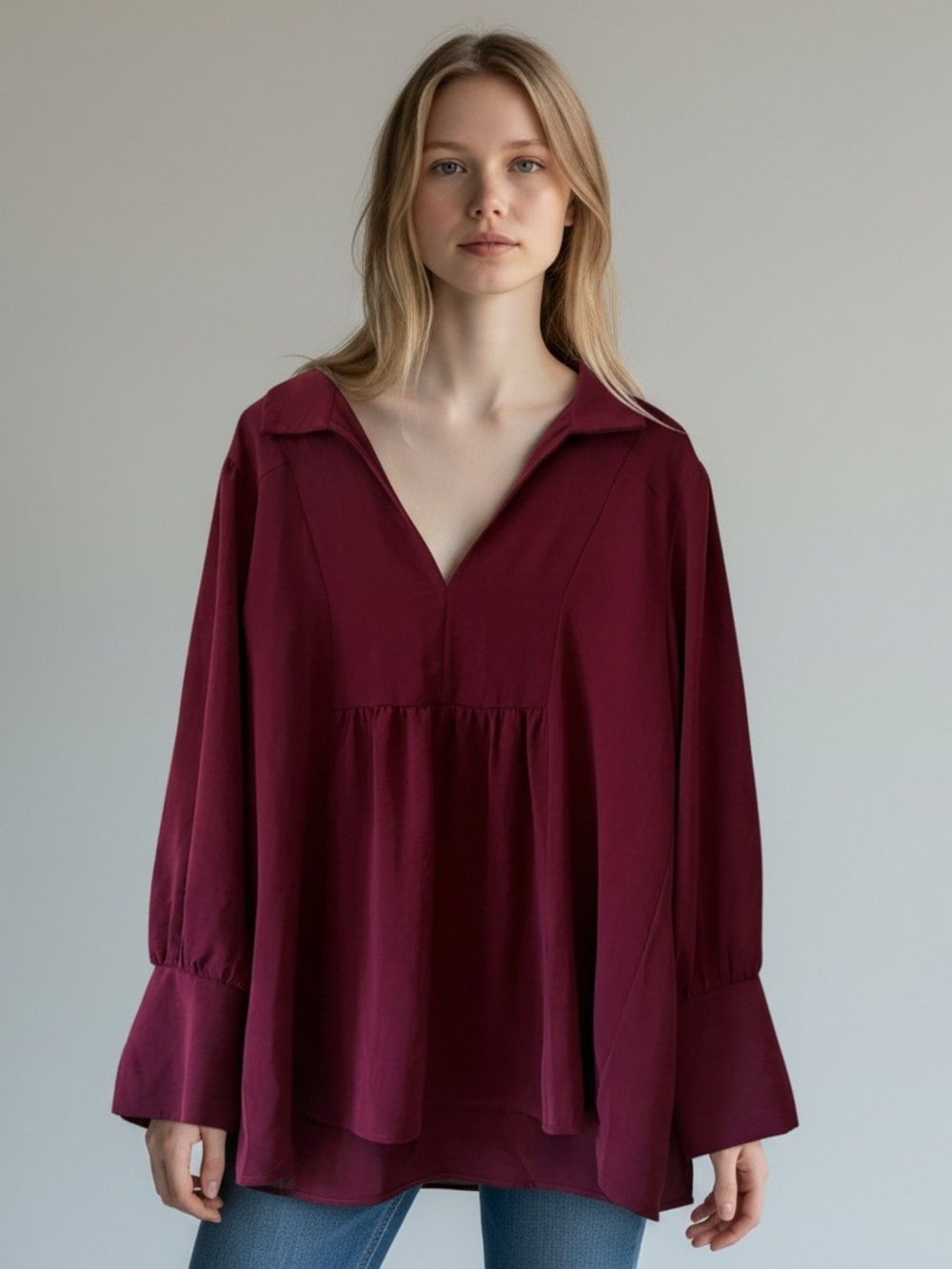 Floral & Ivy Women's Burgundy V-Neck Peasant Blouse